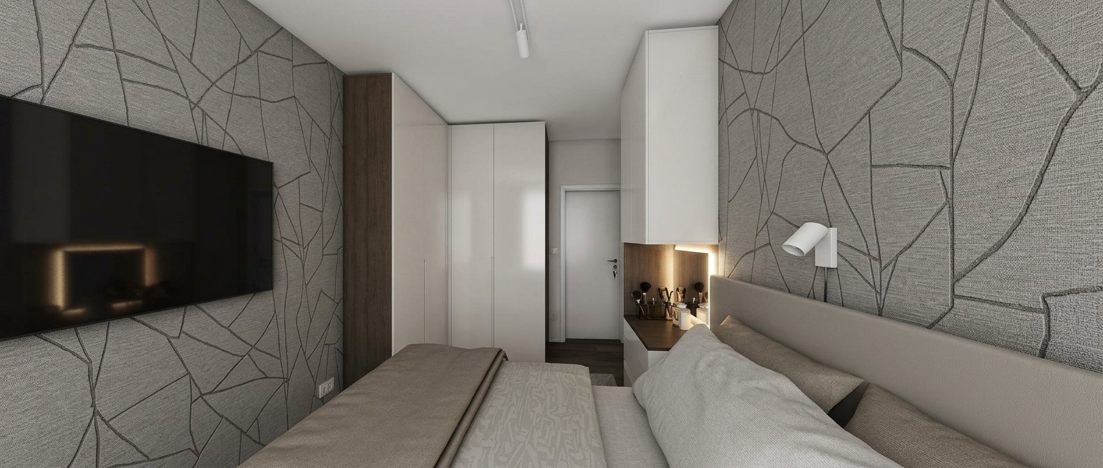 Moderni apartman — spavaća soba sa geometrijskom tapetom
